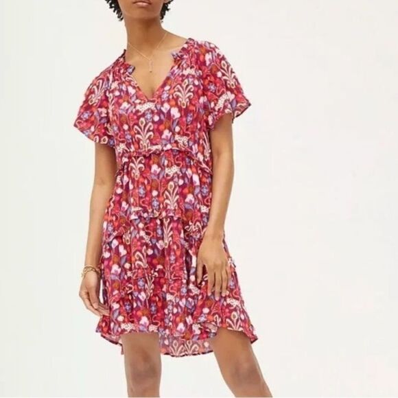 Anthropologie Robin Tiered Paisley Dress Women XS Mini V-Neck Boho Hippie Indie - Picture 4 of 16